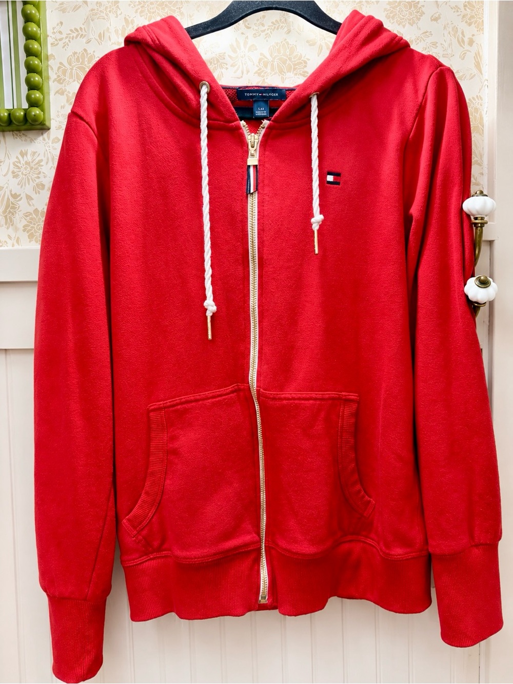 Tommy Hilfiger Red Hooded Zip Jacket with Gold Hardware